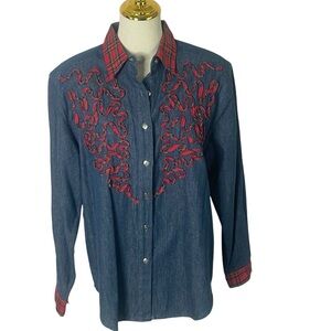 Vintage 90s Westbound holiday Christmas plaid western denim shirt Size M Petite